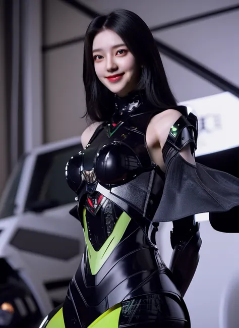 Armoured girl, realistic, long hair, lite green black robotics, smile,