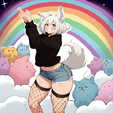 a cute adult male with wolf ears, white hair, has a wolf tail, wearing a loose cropped oversized black hoodie, wearing a pair of denim short shorts and thigh high fishnet stockings, thick thighs, wide hips, relaxing on mound of fluffy multi colored kawaii ...