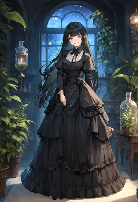 Victorian Era, Perfect Female Body, 1 Woman, Posing, full body scale, Night Background, Black long hair with bangs, blue eyes, black long dress, apothecary, plants, inside room with plants, good light, light particles, smile, villain smile, grin, smirk