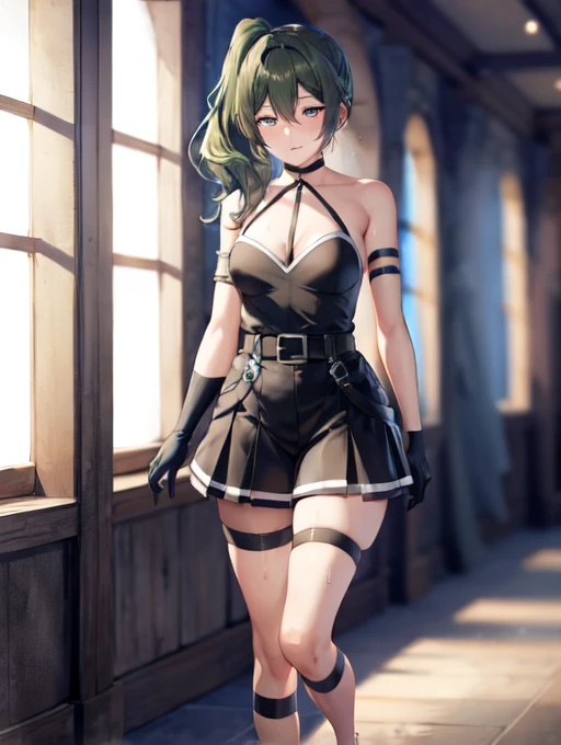 masterpiece, highest quality,(detailed), Bruises, Long Hair, Side Ponytail,
Black Dress,Normal chest、Slender body、 belt, Arm strap, One-elbow gloves, Thigh Strap Sweat,sexy,Full Body Shot、sexyショット、