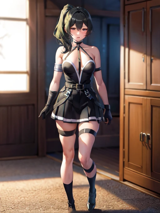 masterpiece, highest quality,(detailed), Bruises, Long Hair, Side Ponytail,
Black Dress,Normal chest、Slender body、 belt, Arm strap, One-elbow gloves, Thigh Strap Sweat,sexy,Full Body Shot、sexyショット、