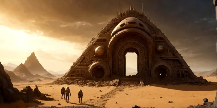 (EN UN VALLE RODEADO DE ACANTILADOS) ((TO THE INTRICATE DOOR OF AN ALIEN TEMPLE IN RUINS AND IN PIECES) , (A GIANT, THREE-LEVEL, 300-METER-LONG SPACESHIP FALLING RUSTY ABANDONED LAYING IN THE SAND CRUMBLED INTO DOZENS OF PIECES BY TIME))), SUPER HIGH DEFIN...