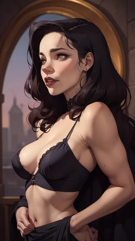 A closeup of a woman in a black top and a black bra, estilo de arte de charlie bowater, Estilo Charlie Bowater, retrato de vampiro, arte do personagem charlie bowater, Alena Aenami e Artgerm, Neoartcore e Charlie Bowater, Charlie Bowater cores ricas e prof...