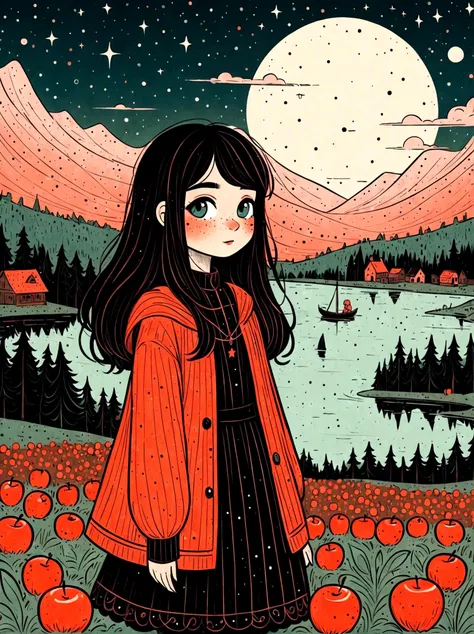 Cartoon hand drawn, 1girl, solo, Cute young attractive girl，Strong Gothic makeup, A village by the lake with a birch forest and an apple orchard，Starry nights，((Mattias_Adolfsson style))，Gloomy and foggy atmosphere，The cute absurdity、The attraction and rej...