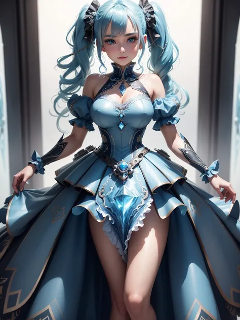 a beautiful girl in an elegant ruffled dress made of mechanical parts, standing in front of a beautiful transparent ice castle, blue hair in twin tails, blue eyes, beautifully detailed face, long eyelashes, beautiful smile, luxurious mechanical dress with ...