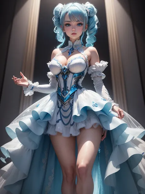 a beautiful girl in an elegant ruffled dress made of mechanical parts, standing in front of a beautiful transparent ice castle, blue hair in twin tails, blue eyes, beautifully detailed face, long eyelashes, beautiful smile, luxurious mechanical dress with ...