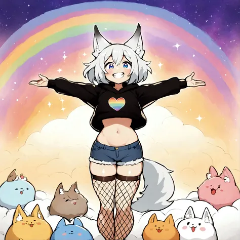 a cute adult male with wolf ears, white hair, has a wolf tail, wearing a loose cropped oversized black hoodie, wearing a pair of denim short shorts and thigh high fishnet stockings, thick thighs, wide hips, relaxing on mound of fluffy multi colored kawaii ...