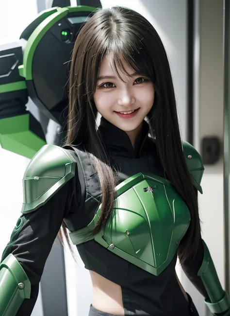 armoured girl, realistic, long hair, lite green black robotics, smile,