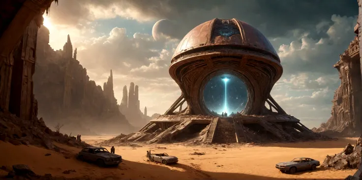 (EN UN VALLE RODEADO DE ACANTILADOS) ((AT THE FOOT OF AN INTRICATE TWO-DIMENSIONAL PORTAL OF AN ALIEN TEMPLE IN RUINS AND IN PIECES) , (A GIANT, THREE-LEVEL, 300-METER-LONG SPACESHIP FALLING RUSTY ABANDONED LAYING IN THE SAND CRUMBLED INTO DOZENS OF PIECES...