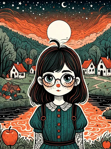Cartoon hand drawn, 1girl, solo, Cute young attractive girl,Strong Gothic makeup, A village by the lake with a birch forest and an apple orchard,Starry nights,((Mattias_Adolfsson style)),Gloomy and foggy atmosphere,The cute absurdity、The attraction and rej...