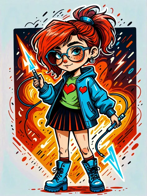 Cartoon hand drawn, 1girl, solo, Lightning energy，Electricity elements，Love tiara，Wearing large heart-shaped glasses，Double ponytail，Blue Highlight Lightning，Wearing bright blue and green square clothes，high-heel boots，Holding electric weapons, The color p...