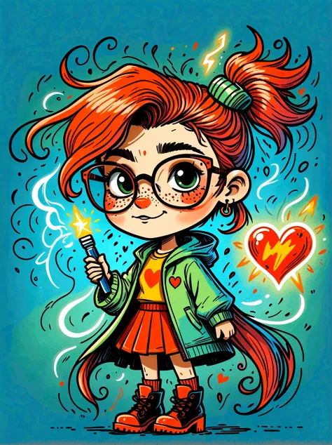 Cartoon hand drawn, 1girl, solo, Lightning energy,Electricity elements,Love tiara,Wearing large heart-shaped glasses,Double ponytail,Blue Highlight Lightning,Wearing bright blue and green square clothes,high-heel boots,Holding electric weapons, The color p...