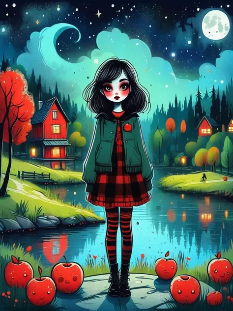 Cartoon hand drawn, 1girl, solo, Cute young attractive girl，Strong Gothic makeup, A village by the lake with a birch forest and an apple orchard，Starry nights，Gloomy and foggy atmosphere，The cute absurdity、The attraction and rejection of extraordinary appe...