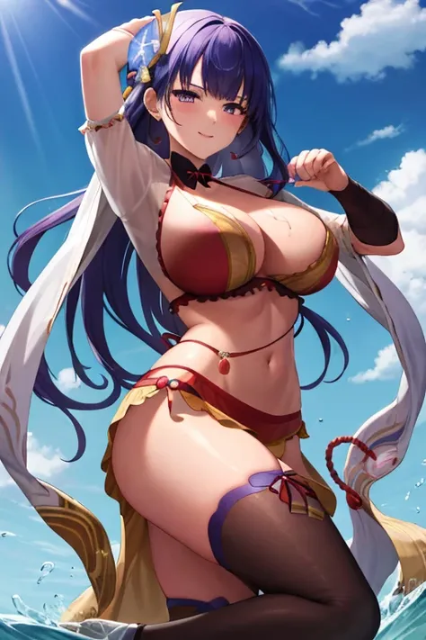 masterpiece, best quality, beautiful art, high resolution, well formed hands, body and fingers, 1 woman, solo, Raiden Shogun, adult , grown up, wearing a Mata Hari outfit, , arabian belly dancer, adult, big breasted, cleavage, hair ribbon, full body, sexy ...