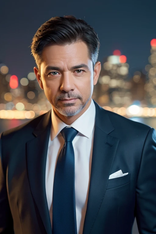 A photorealistic portrait of Jay Abraham against a stunning New York City night skyline. Jay, a distinguished middle-aged man, has a clean-shaven face, short silver hair, and piercing blue eyes. He is wearing a tailored dark navy suit with a crisp white sh...