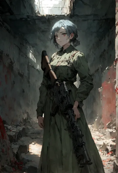 
V avatar Carlos Henrique Silva Dos Santos Remix Prompts Copy prompts Serious woman holding a rifle while bleeding on alert looking to the sides and bodies behind in the middle of an abandoned place