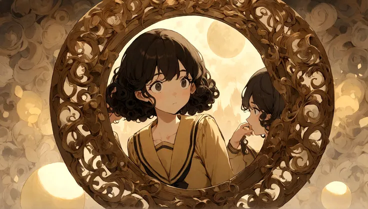 Sailor: Curly brown hair, yellowish-brown uniform, black eyes. Moon: Black hair, long and curly, uniform yellowish brown. a mirror in the round bottom