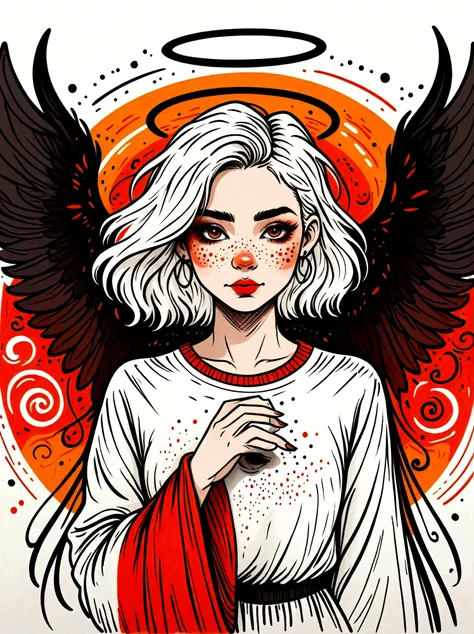 Cartoon hand drawn, 1 Girl, solo, Heterochromia, white hair, Black Hair, Split topics, Angel, devil, wing, The color palette is in red, orange and black tones and has a sketchy style, The background should have a simple hand-drawn doodle pattern