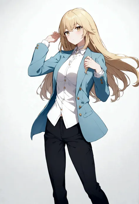 1girl, blonde hair, medium , white shirt, light blue jacket, black pants