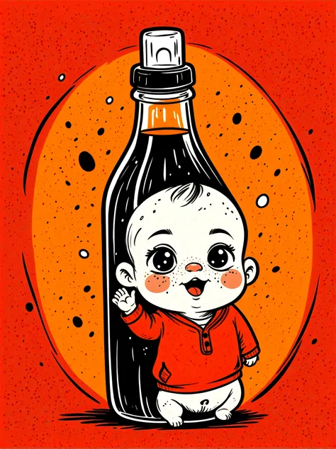 Cartoon hand drawn, baby, solo, cry,Bottle in hand,The color palette is in red, orange and black tones and has a sketchy style, The background should have a simple hand-drawn doodle pattern