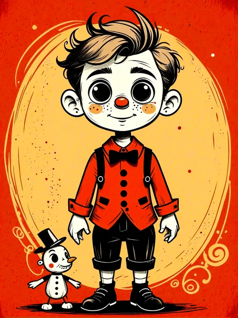 (masterpiece, best quality:1.2), Cartoon hand drawn, Mechanical feel,Lovely,Boys,mechanical doll, Pinocchio, The color palette is in red, orange and black tones and has a sketchy style, The background should have a simple hand-drawn doodle pattern