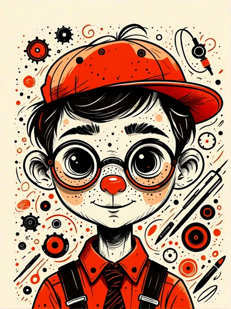 (masterpiece, best quality:1.2), Cartoon hand drawn, Mechanical feel,Lovely,Boys,mechanical doll, Pinocchio, The color palette is in red, orange and black tones and has a sketchy style, The background should have a simple hand-drawn doodle pattern