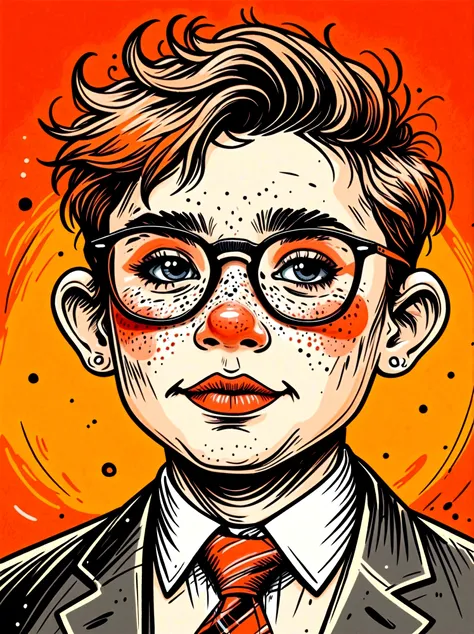 (masterpiece, best quality:1.2), Cartoon hand drawn, baby, solo, portrait, wear glasses, cry,happy,nipple,tie, The color palette is in red, orange and black tones and has a sketchy style, The background should have a simple hand-drawn doodle pattern