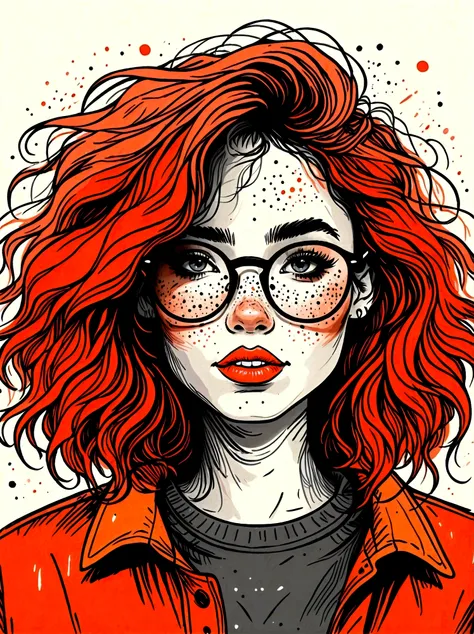 (masterpiece, best quality:1.2), Cartoon hand drawn, 1girl, solo, wear glasses, Rouge, messy hair, The color palette is in red, orange and black tones and has a sketchy style. The background should have a simple hand-drawn doodle pattern