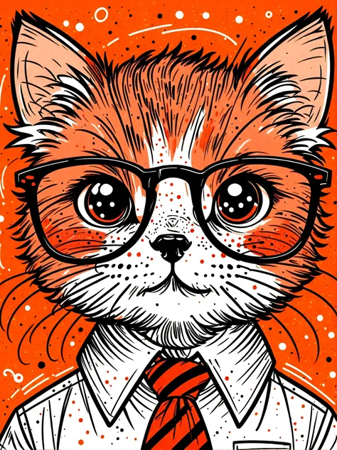 (masterpiece, best quality:1.2), Cartoon hand drawn, kitten, solo, wear glasses, cry,sad,tie,White shirt, The color palette is in red, orange and black tones and has a sketchy style, The background should have a simple hand-drawn doodle pattern, 1shxx1