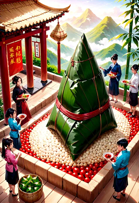 a miniature eracene，china&#39;era，a group of people are wrapping giant zongzi with bamboo leaveera，extremely creative，taterauya ...