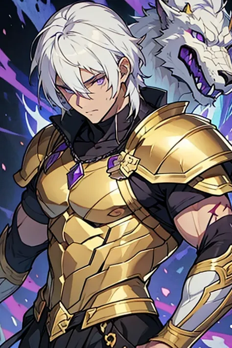 30 year old muscular robust man white hair purple eyes golden armor with scars