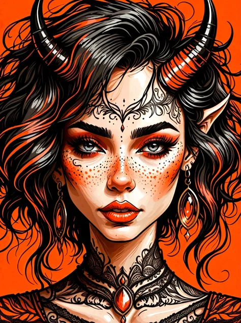 Cartoon hand drawn, Close-up portrait of a succubus,Exquisite eyes,Delicate lips,Extremely detailed face,Sharp eyes,Seductive Succubus,Diabolical traits,horn,Dark Fantasy,Gothic,Fascinating gaze, The color palette is in red, orange and black tones and has ...