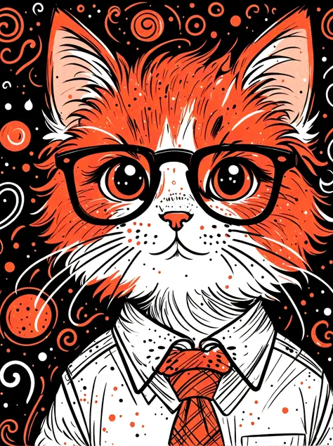 (masterpiece, best quality:1.2), Cartoon hand drawn, kitten, solo, wear glasses, cry,sad,tie,White shirt, The color palette is in red, orange and black tones and has a sketchy style, The background should have a simple hand-drawn doodle pattern, 1shxx1