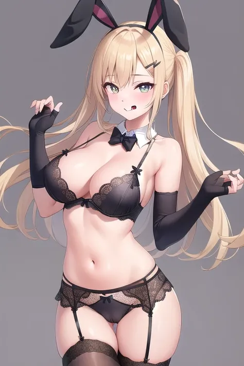 ((Masterpiece, best quality)),edgQuality smiling,smug, edgHL,hentai_lingerie, 1girl, solo, seductive pose, breasts, large breasts, random hair, hair ornament, thighhighs, gloves, bow, navel, animal ears, bare shoulders, closed mouth, underwear, collarbone,...