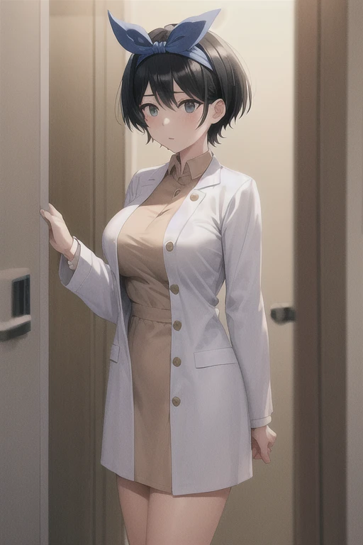 A girl with short black hair, a big blue ribbon headband, and big breasts　Tempting　The whole body is visible　White Coat Nurse　Nursing in the hospital