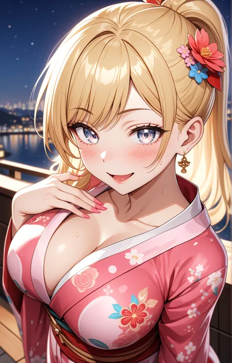 ((one personの女性)), Beautiful Face,Laughing embarrassedly,((Wink:2.0)),laugh with a big mouth,turn bright red,Sweat on the face,Glossy pink lips,night,rooftop,Festive decorations,You can see the ocean, firework,((Anime style background)),masterpiece, highes...