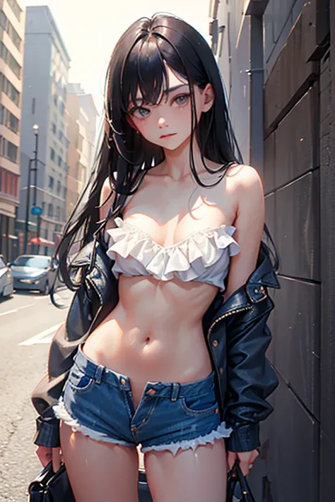 (​masterpiece), best quality, 1girl, , flat breast, black hair, very long hair, looking at viewer, No wearing bra, No wearing panties, no sleeve clothes, Nipples protruding through the clothes, covered erect nipples by the lace ruffles, strapless clothes, ...