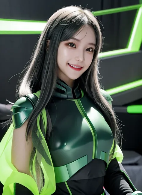 Armoured girl, realistic, long hair, lite green black robotics, smile,