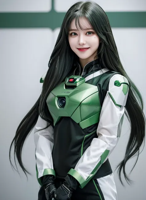 armoured girl, realistic, long hair, lite green black robotics, smile,