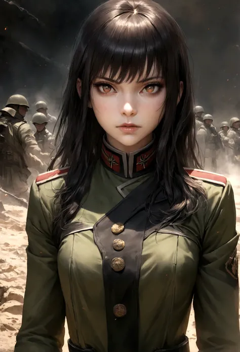 (masterpiece:1.2, best quality), 1lady, Yoru, solo, photorealistic, science fiction film, science fiction, science fiction, war, upper body, small breasts, focus on face, realistic, pastel painting, powerful, intelligent, sensual, detailed eyes (intimidati...