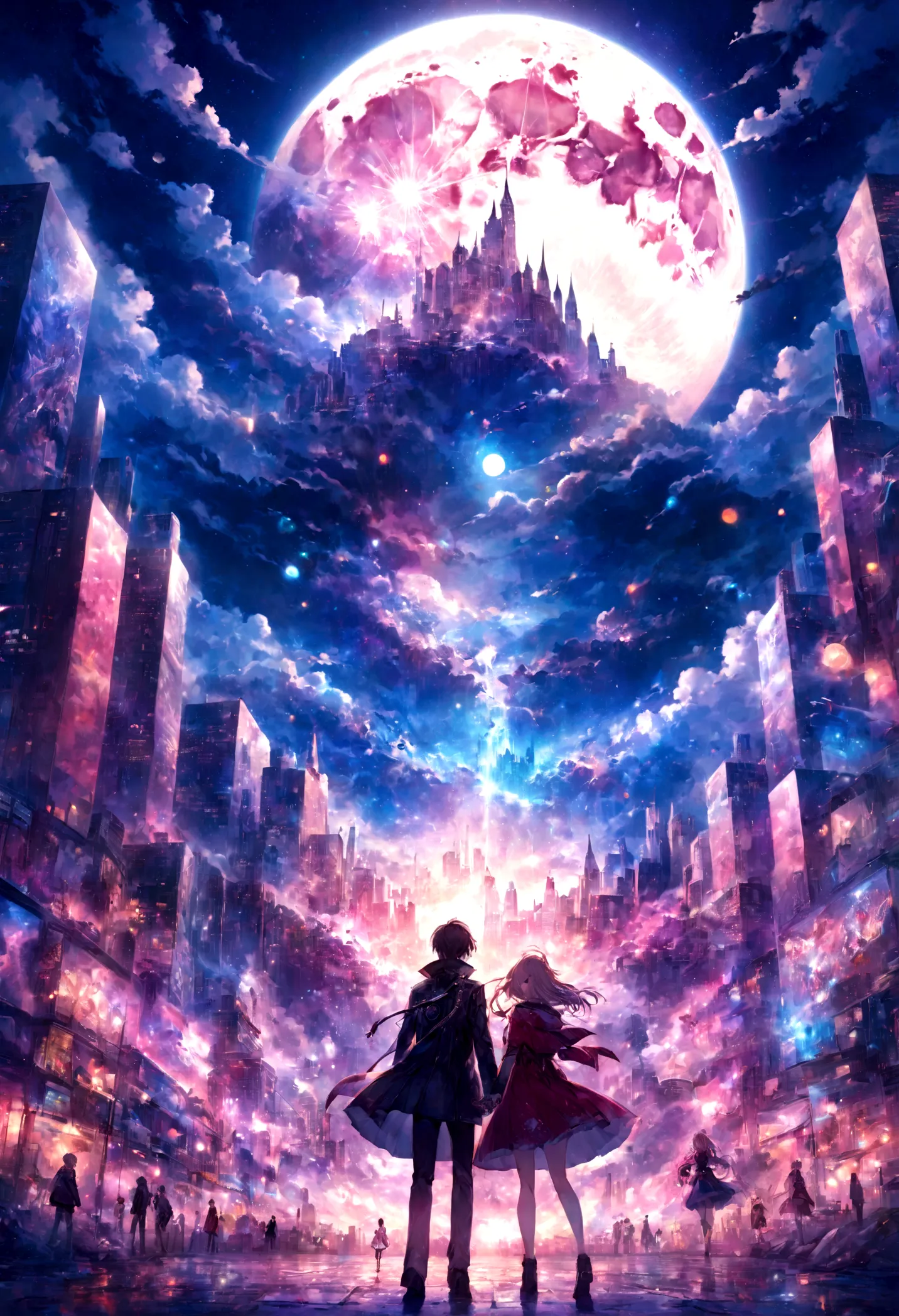 anime couple in the city at night on a full moon、beautiful fantasy anime、epic light novel art cover、anime fantasy artwork、dream ...