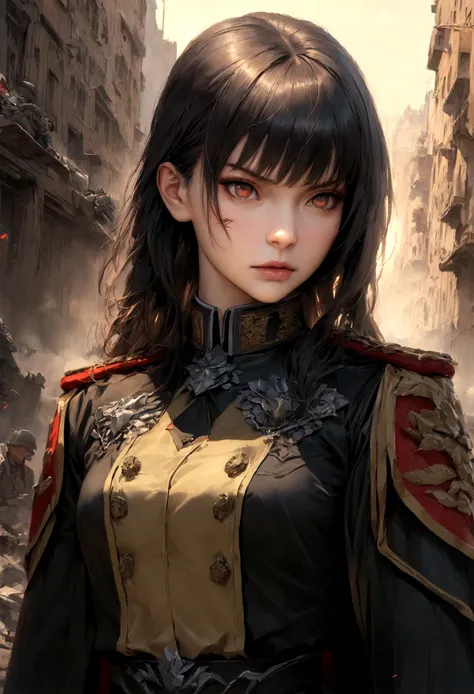 (masterpiece:1.2, best quality), 1lady, Yoru, solo, photorealistic, science fiction film, science fiction, science fiction, war, upper body, small breasts, focus on face, realistic, pastel painting, powerful, intelligent, sensual, detailed eyes (intimidati...