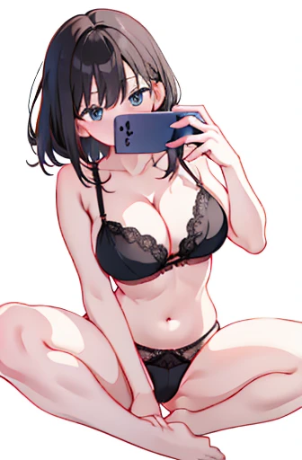 Anime girl takes selfie with smartphone, holding smartphone in front of covering face, black lingerie, lingerie, luxury lingerie, sexy lingerie, navel, (((white background))), huge breasts, on floor, m legs, spread legs,
 thong,