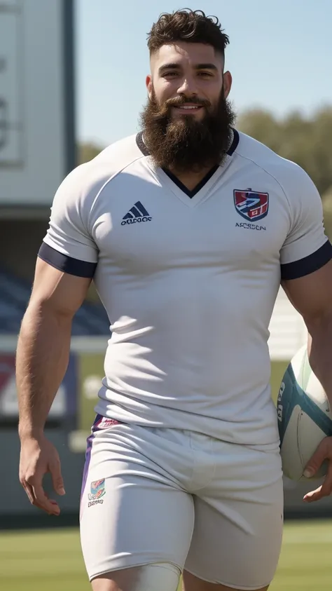 1 pale man rugby player ,Full body, rugby player, sport white pants, vpl, rugby esportive dirty uniform, Black wavy hair fade , captivating large eyes, beard European 30yo man with closed  smile, large lips, volumeric light, wearing team rugby uniform, str...