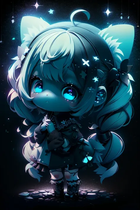 High quality、plastican00d、Realistic Light、Spotlight from above、pretty girl、Black Gothic Fashion、Two-headed appearance、Doll、Chibi、plastic、Roll Twin Tail、Bright starry sky