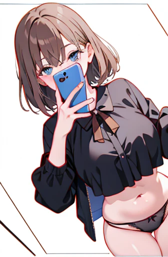 Anime girl takes selfie with smartphone, holding smartphone in front of covering face, black lingerie, lingerie, luxury lingerie, sexy lingerie, navel, (((white background))), huge breasts, light brown hair, smile,