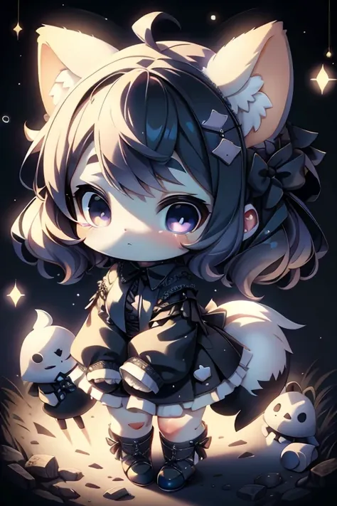 High quality、plastican00d、Realistic Light、Spotlight from above、pretty girl、Black Gothic Fashion、Two-headed appearance、Doll、Chibi、plastic、Roll Twin Tail、Bright starry sky