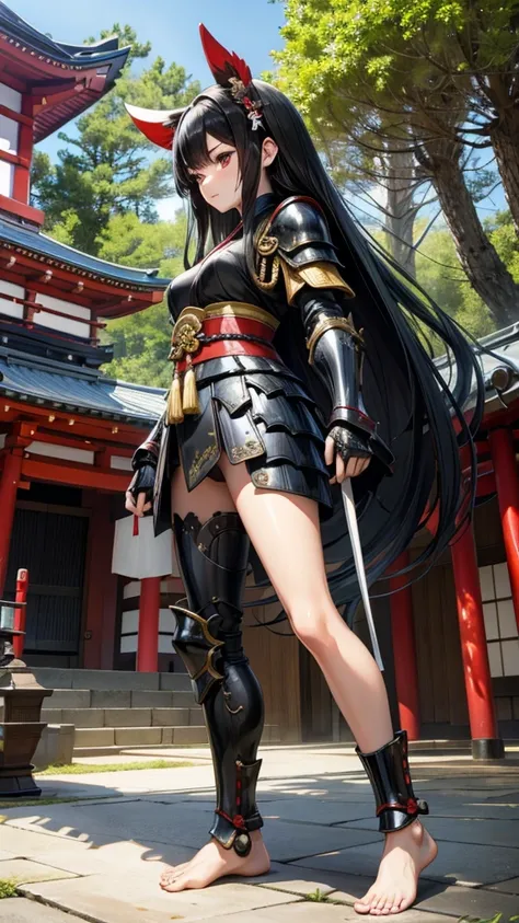 Naked beauty with long black hair ，Japan Armor，，barefoot，Japanese Shrines