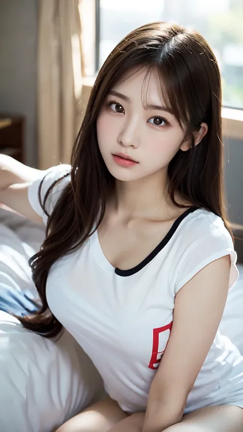 Graduation Ceremony, White T-shirt, Bedroom, Lie down in bed, Please put your feet up, Spread your legs, Perfect balance, cute, ((18-year-old female:1.2)), Young and adorable Japanese face, Official Art, Highly detailed CG Unity 8k wallpaper, （masterpiece:...