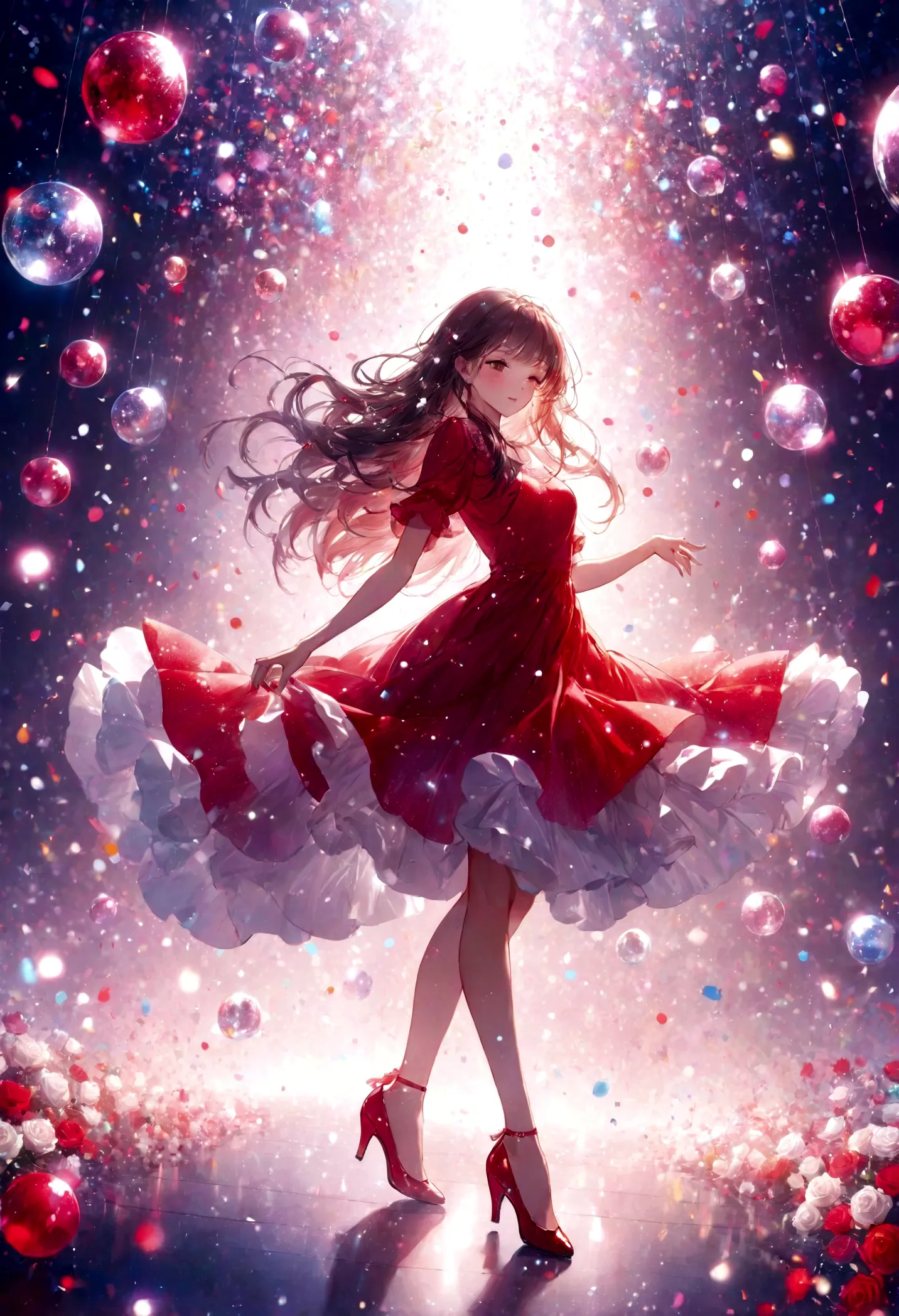 Woman dancing in a club、Long Hair－、Red dress and red heelultiple colorful shining disco balls、Cinematic Light、Colorful particle light、A lot of pure white roses fluttering down、